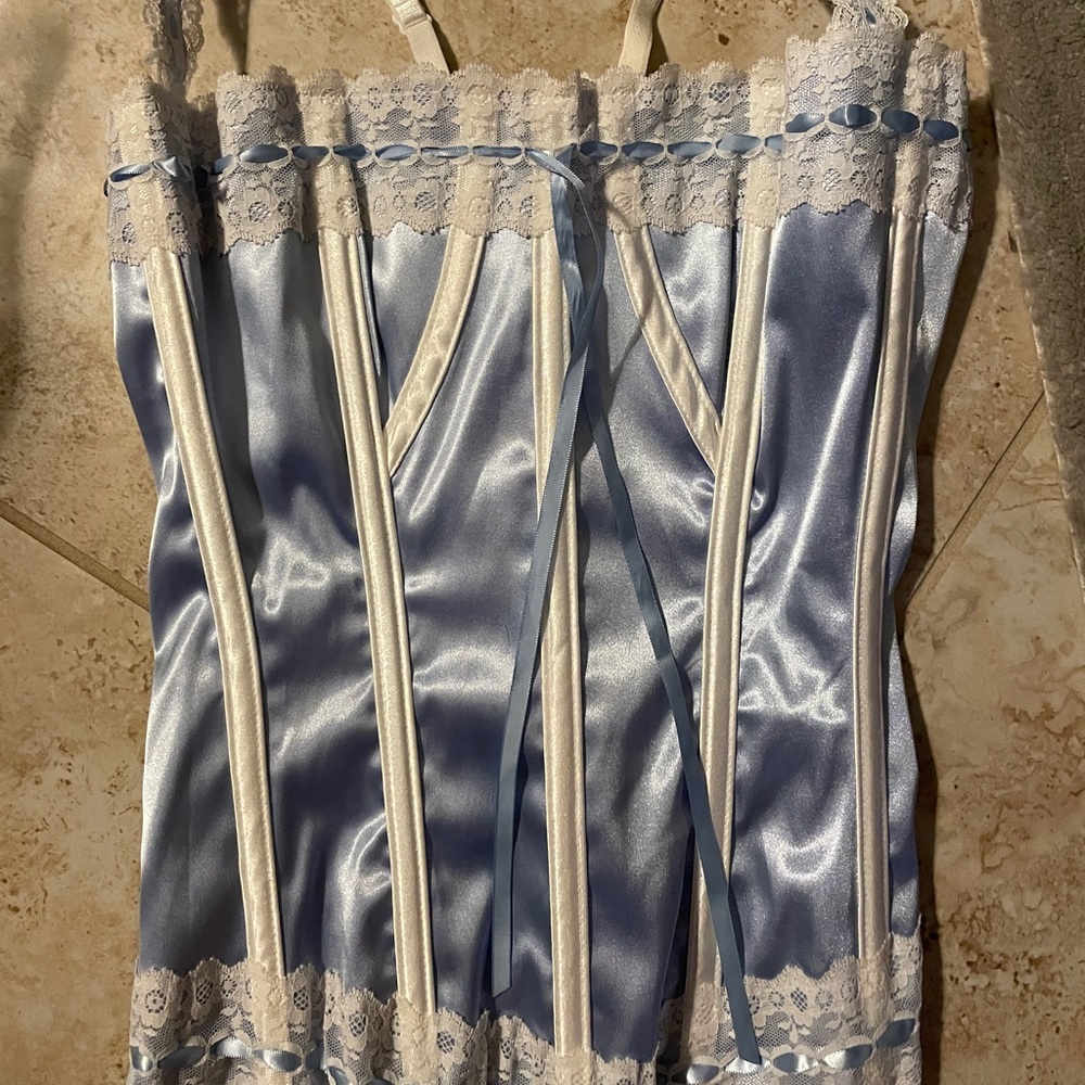 Light blue satin and white lace corset